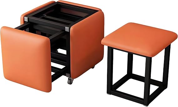 5 in 1 Nesting Ottoman Cube Chair, Leather Square Stackable Sofa Chair, Movable Footstool on Wheels for Bedroom, Living Room,Orange