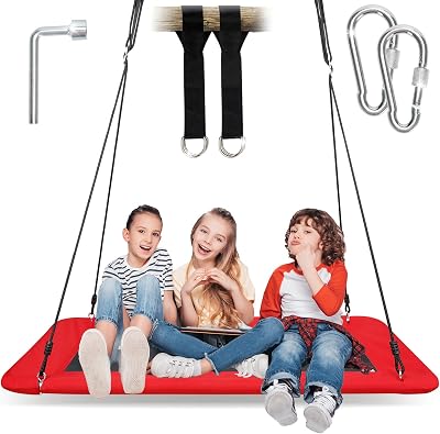 Tree Swing for Kids Adults - 700lb Platform Swing Hanging Kit Rectangle Giant Outdoor for Backyard Indoor with Durable Steel Frame, Adjustable Swivel Ropes Red, Rectangle
