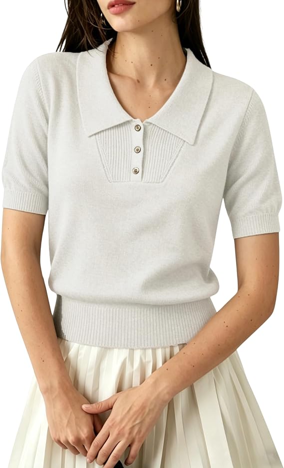 PUWEI Short Sleeve Collared Sweaters for Women Cropped Cable Knit Polo Shirt Lightweight Spring Summer Pullover Tops