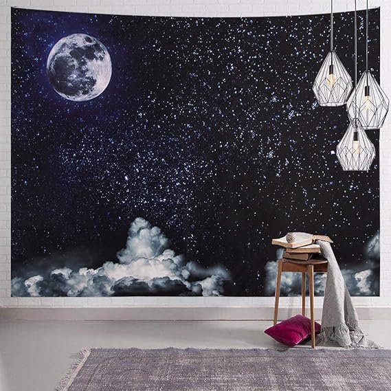 SENYYI Moon Stars Wall Tapestry Wall Hanging Outer Space and Galaxy Tapestry Night Sky with White Cloud Home Decor for Room (70.9 x 92.5 inches)