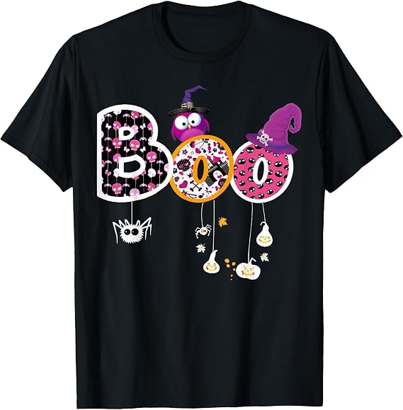 Boo Halloween Costume Spiders, Ghosts, Pumkin & Witch Hat T-Shirt