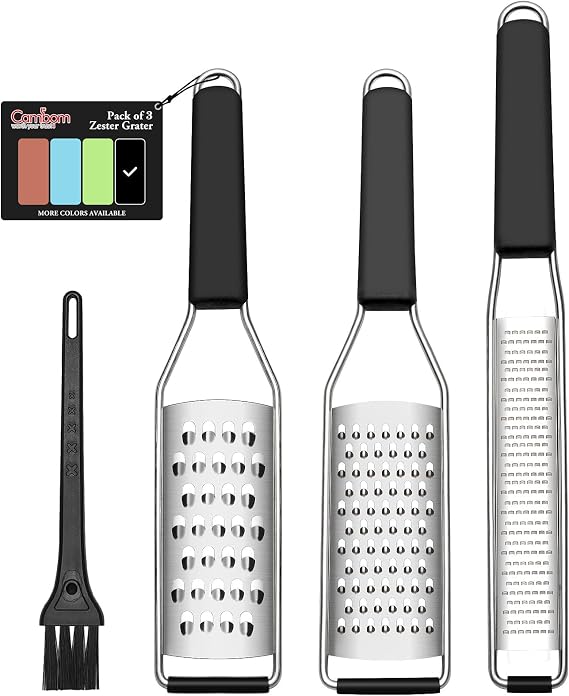 Cambom Lemon Zester Grater Three-piece Suit - Heavy Duty Kitchen Tool for Parmesan Cheese, Ginger, Garlic, Nutmeg, Chocolate, Vegetables,Fruits,Stainless Steel Grater Dishwasher Safe Black