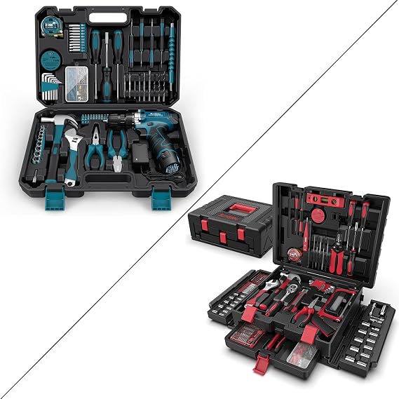 Sundpey 206 & 379 Pcs Tool Kit - Portable Complete Home and Auto Repair Tool Set Blue & Red