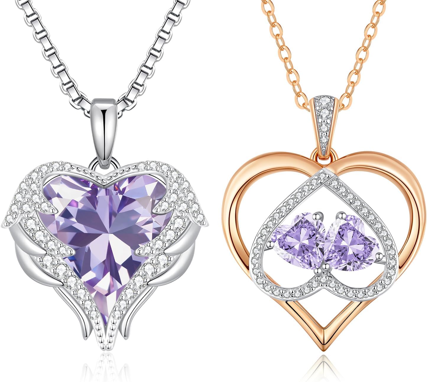 CDE Angel Wings Necklaces ＆ Rose Gold Double Birthstone Necklace for Women, Jewelry Gifts for Wife Mom Girlfriend Lady Her