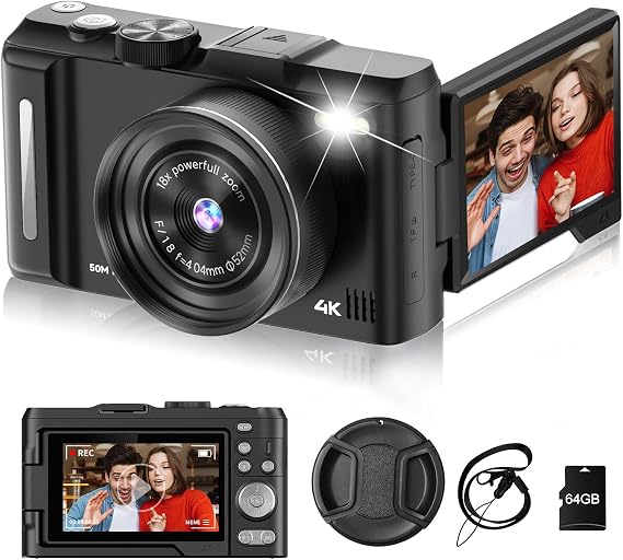 Digital Camera 4K for Photography, 50MP Vlogging Camera for YouTube Video with Flash and 3" 180 Flip Screen, 18X Digital Zoom Compact Travel Camera with 64GB TF Card for Teens Beginner (Dark Grey)