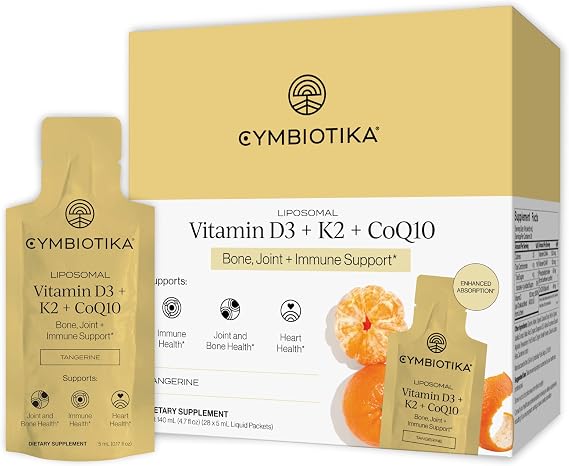CYMBIOTIKA Liposomal Vitamin D3 K2 + CoQ10 for Bone & Heart | Plant-based D3 with K2 MK-4 & MK-7 plus CoQ10 for immune & bone support. Enhanced absorption. Lemon, 28 packets. Vegan.