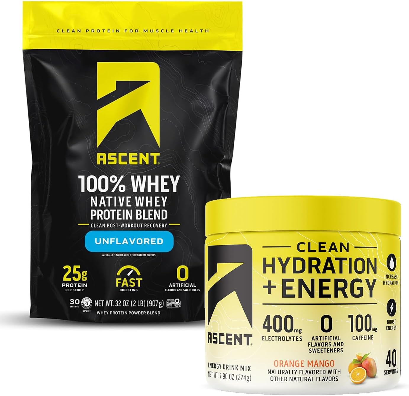 Ascent 100% Whey Protein Powder, Unflavored 2 lb & Hydration  Energy Electrolytes, Orange Mango 40 Servings