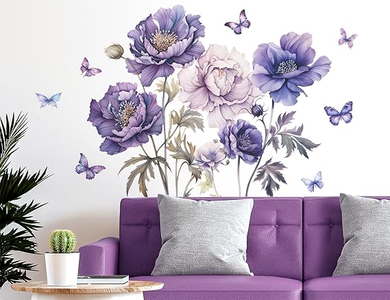 3D Large Purple Flowers Butterflies Leaf Wall Stickers - Removable Peel and Stick Watercolor Flower Decals - DIY Butterfly Art Decor for Girls Living Room Nursery Sofa
