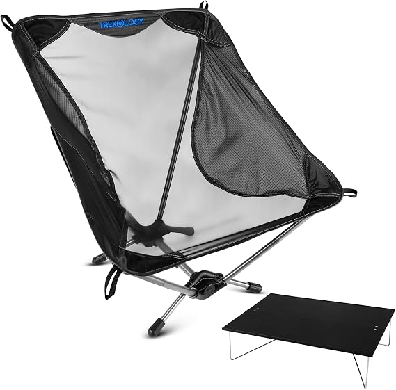 TREKOLOGY Ultralight Beach Chair & Compact Mini Camping Table Bundle - Lightweight, Portable Folding Chair & Camp Table Set for Hiking, Backpacking, Travel, Beach - YIZI LITE Chair & TALU Mini Table