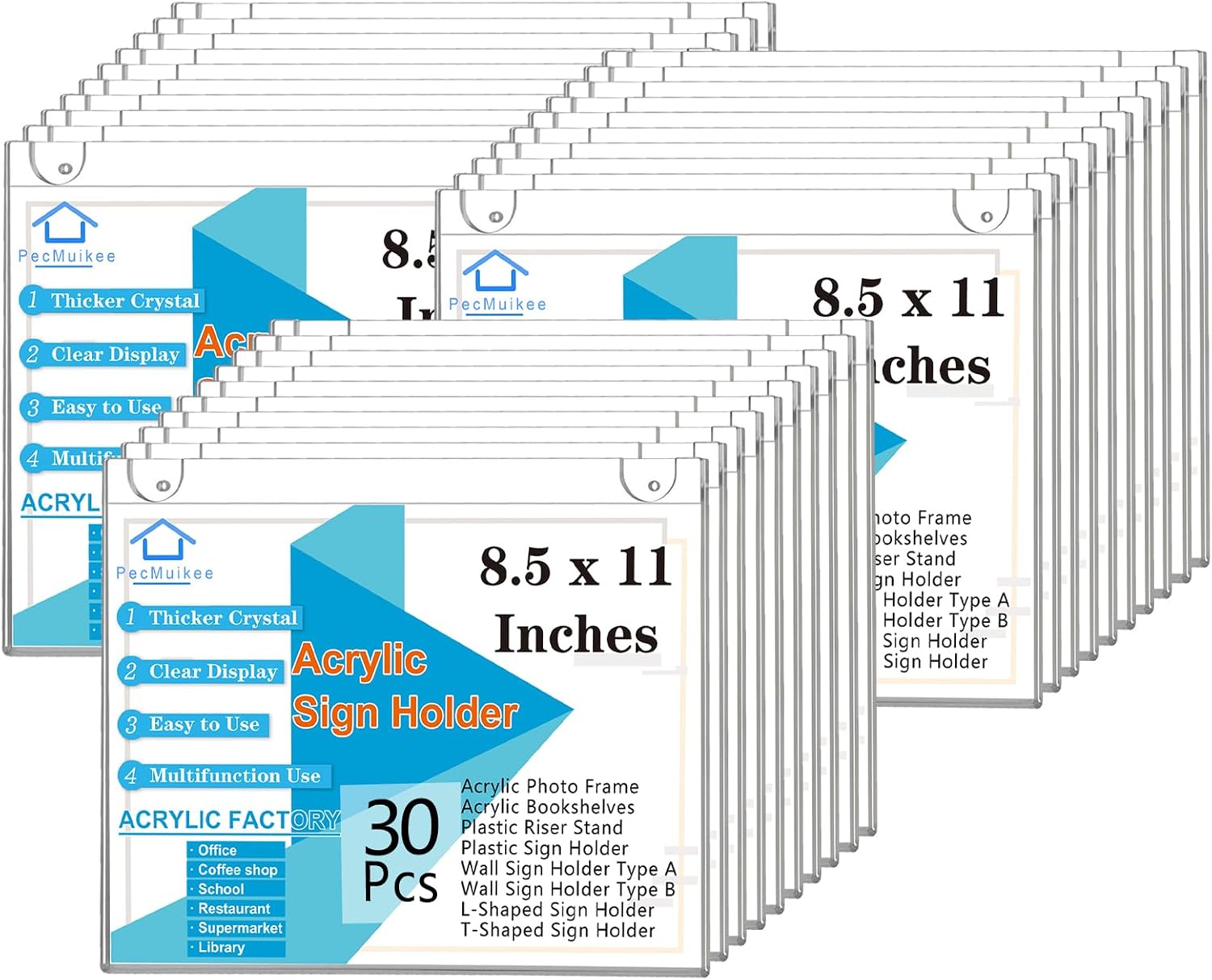 PecMuikee Horizontal Acrylic Sign Holder 8.5x11, Wall Mount Acrylic Sign Holder and Plastic Paper Display Ad Frame Bonus with 3M Tape and Mounting Screws for Restaurant, Office, Market, Library
