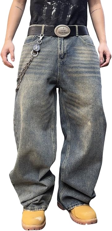 DFGIGT Mens Streetwear Hip Hop Baggy Jeans Wide Leg Y2k Skater Denim Pants | Loose Fit,Vintage 2000s,Jinco Jeans,Straight Leg,5 Pockets
