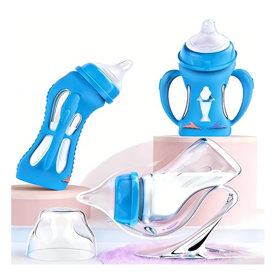 Dual Heat-Sensitive Baby Feeding Bottle, Glass Bottle with Level 1 Slow Flow Nipple, Shatter-Proof Sleeve, BPA-Free, Portable Storage Case, 6oz(180ml) for 0-3 Years Infants