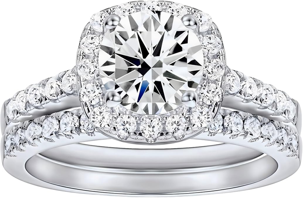 Halo Wedding Ring Set for Women Bridal Sets Wedding Rings Platinum Plated Silver, 1-1/2 Carat (ctw) Moissanite Engagement Ring Set Anniversary Promise Rings for Her