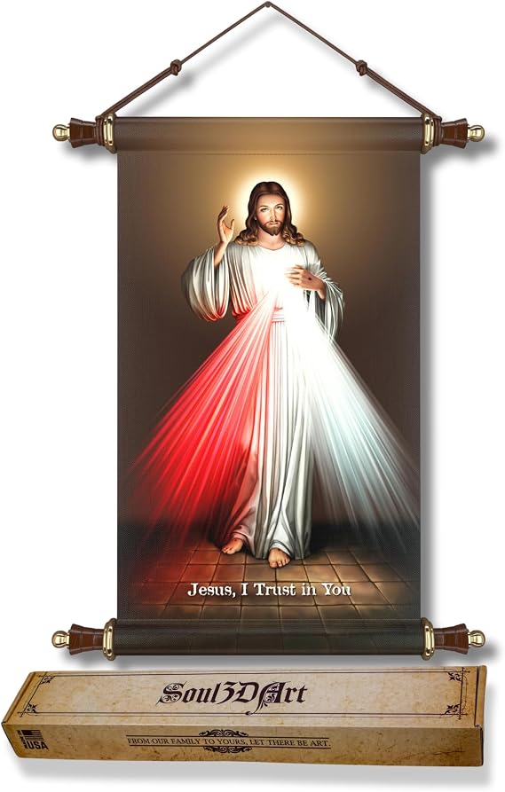 The Divine Mercy Jesus Christ Print Poster Print, Original Jesus Picture Print for Religious Wall Deco, Wall Art Canvas Made in The USA Elegant Cherry Wood Frame (17"x24")
