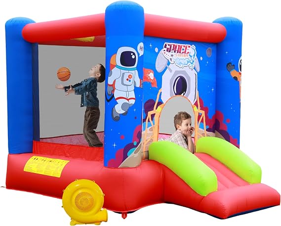 WELLFUNTIME Inflatable Bounce House Jumping Castle Slide with Blower, Kids Bouncer with Basketball Rim, 110x82.5x72.8 Inch Bouncy Castle | Kids Bouncer with Basketball Hoop, Ages 3-8, Backyard Outdoor, 110x82.5x72.8 Inch