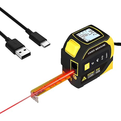4-in-1 Digital Laser Tape Measure for Distance, Area & Volume | With 328FT laser, 16FT tape, rechargeable battery, cross-line laser and angle finder for shelves, cabinets and DIY