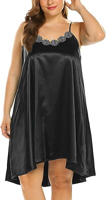 Ekouaer Womens Nightshirts Satin Chemises Slip Sleepwear, Black, Large