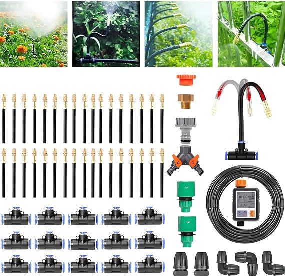 Fully Automatic Intelligent Irrigation System Kit, With 360-Degree Adjustable Bending Dropper Atomizing Copper Nozzle and Intelligent Irrigation Controller, For Garden Yard,40m/131.2ft-WithTimer