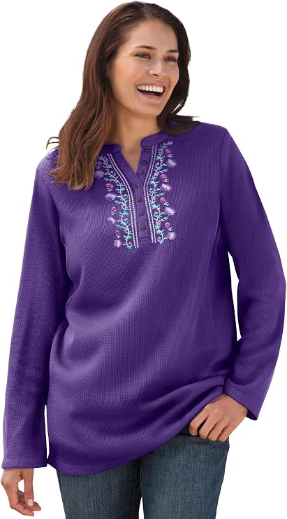Woman Within Embroidered Thermal Henley Tee
