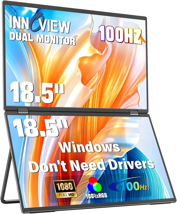 InnoView 18.5" 100Hz Dual Portable Monitor Built-in Speakers 115% sRGB 315Adjustable Dual Stacked Folding Monitor (Wins/Mac) 1080P Laptop Screen Extender for Laptop(No Driver Needed)