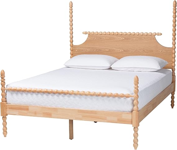 Baxton Studio Caliana Bobbin Four-Poster Platform Bed - Wooden Bed Frame with Turned Spindle Posts and Panel Headboard, Vintage-Inspired Bedroom Furniture, Natural Brown, Queen