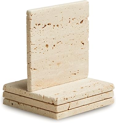 Marble Coasters Set of 4 Beige Travertine Bar Coasters for Drinks, Coffee Stone Holder for Home Decor, Housewarming Gifts Square