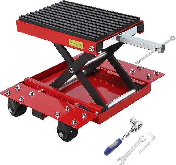 Motorcycle Lift Jack 1200 LBS Capacity, Hydraulic Scissor Lift Table with Dolly & Ratchet Wrench, Mobile Motorcycle Stand for Dirt Bikes, ATVs, Street Bikes, Red