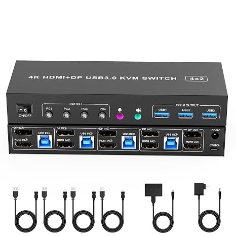 KVM Switch 4 Computers 2 Monitors,HDMI Displayport Dual Monitor KVM Switch