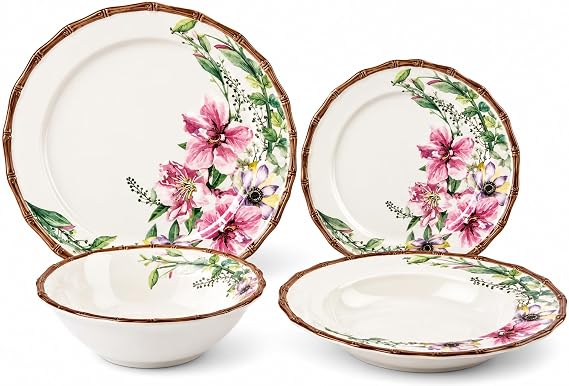 Bloom 24 Parçalı New Bone Porselen Yemek Takımı, Çiçek Desenli, 6 Kişilik Servis
