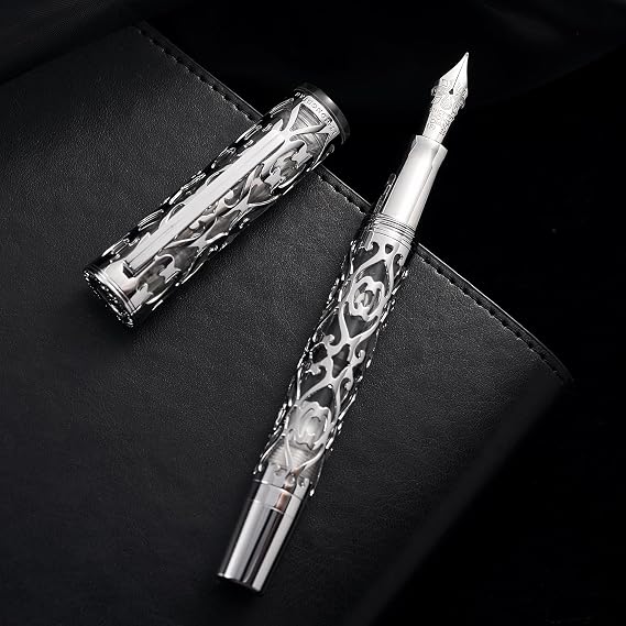HONG DIAN D1 Piston Fountain Pen Extra Fine Nib, Hollow Skeleton & Resin Pen with Metal Case Set (Silver)