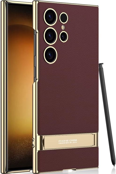 Hulveze Samsung Galaxy S24 ウルトラビーガンレザーケース 4つのモード調節可能なキックスタンド付き 薄くて柔軟なソフトグリップ ラグジュアリー ビーガン スリム 保護 耐衝撃携帯電話 Samsung Galaxy S24 Ultra用 レッド