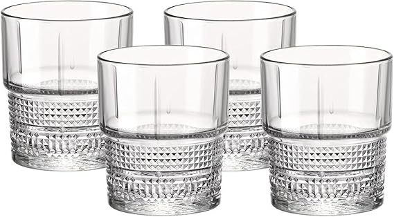 Bormioli Rocco Novecento Barware DOF Glass, Stackable, Set Of 4, 12.5 oz, Clear, Vintage Design, Made In Italy.