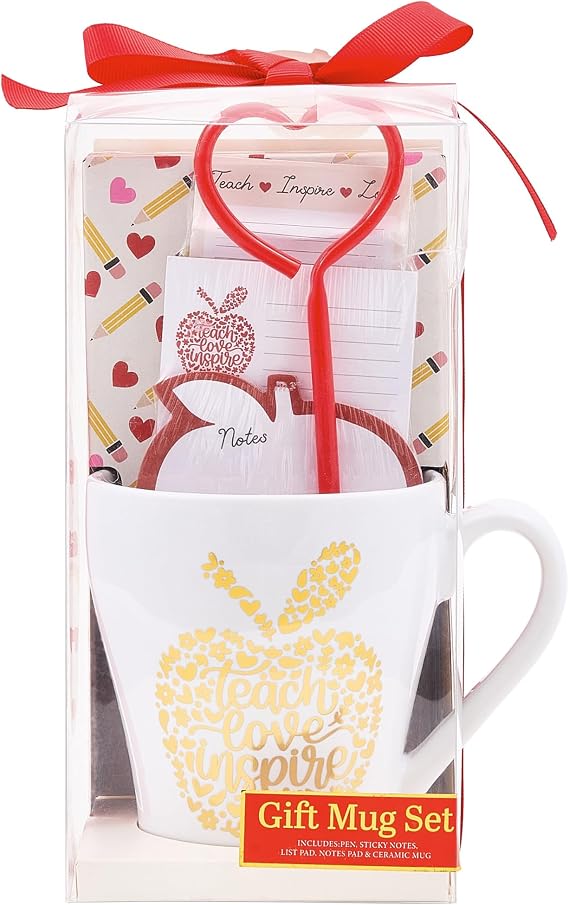 VOTUM Golden Teacher Appreciation Gift for Women or Men - Bundle Includes Mug, Writing Pad, Apple-Shaped Pen and Sticky Notes, Jumbo Gold Paper Clip - Heart Coffee Cup - Thank You Gift