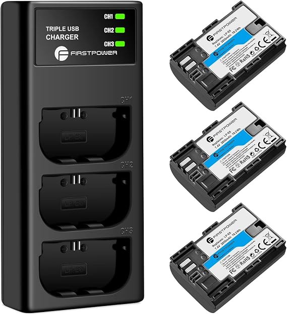 FirstPower LP-E6 LP E6N Battery 3-Pack 2600mAh & Triple Slot Charger | Compatible with Canon EOS 5D Mark IV, 5D Mark III, 5D Mark II, 5DS, 5DS R, 6D, 6D Mark II, 7D, 7D Mark II, 60D, 70D, 80D, 90D