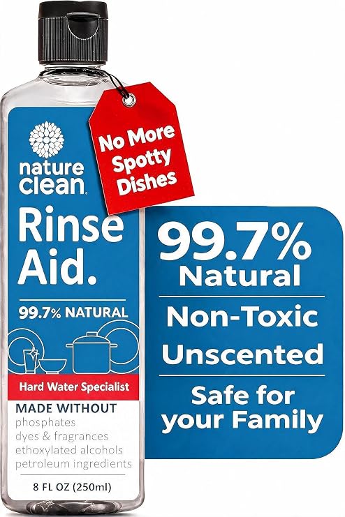 Nature Clean All Natural Dishwasher Rinse Aid Cleaner, Liquid Dishwasher Rinse Agent for Spot-Free Glass & Cutlery in Hard Water, Non Toxic Dish Washer Rinse Aid & Stain Remover, 8 oz/250ml, Pack of 1