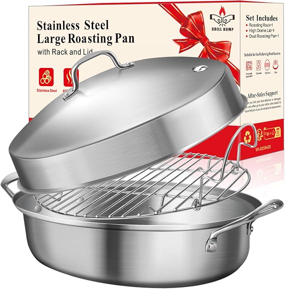 21 Inch Stainless Steel Roasting Pan with Rack and Lid For Turkey Chicken | Thanksgiving Day Cooking Essential, Gifts for Mom Dad Men Christmas