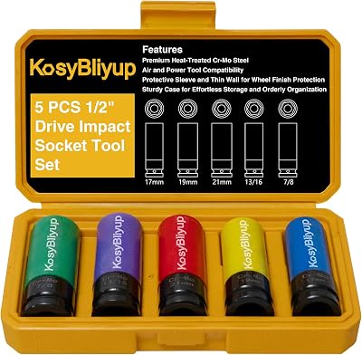 5 Pcs 12 Drive Impact Lug Nut Socket Set, Non-Marring Thin Wall Deep Socket Set, Metric 17, 19, 21 mm & SAE 1316, 78 in, CR-MO, 6 Point, Color-Coded, Wheel Rim Protectors with Case