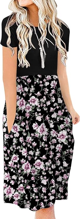 DB MOON Women Summer Casual Short Sleeve Dresses Empire Waist Dress | Knee Length Dress for Women, Teacher Dresses, Jersey Dress, Modest Dresses, Dress with Pockets, Dresses for Church