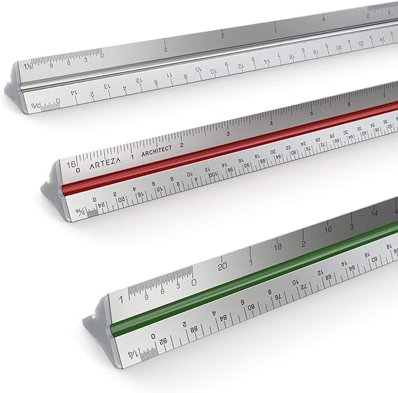 ARTEZA Architectural Scale Ruler 12-Inch Triangular Ruler, Anodized Aluminum Tool with Laser-Etched Markings for Blueprints & Tech Drawings