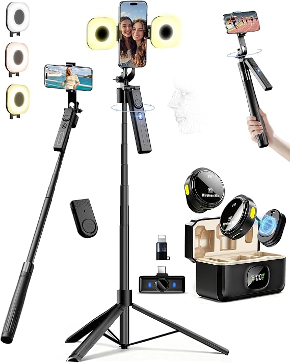 Content Creator Essentials Vlogging Kit for iPhone/Android, 75" Auto Face Tracking Tripod for iPhone with Light & 30H Battery Life Wireless Microphones & Remote for YouTube Starter Kit Video Recording 