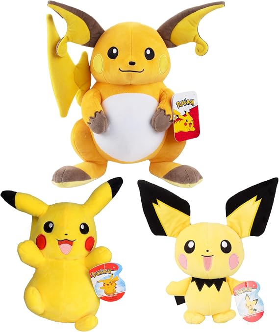 Pokemon 8" Pichu, 8" Pikachu & 12" Raichu Plush 3 Pack - Officially Licensed - Pikachu Evolution Set - Authentic Soft Stuffed Animal Toy Figures - Gift for Kids, Boys, Girls, Fans - 2+