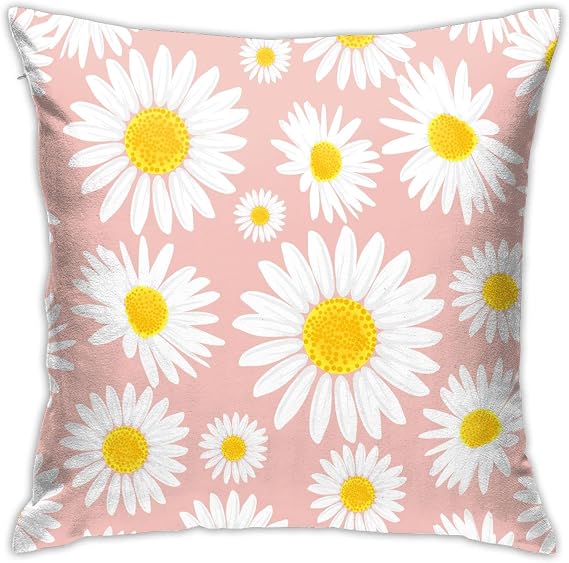 VARUN Throw Pillow Covers Pink Daisy Flowers Pattern White Yellow Floral Design Square Pillowcase for Home Decor Sofa Car Bedroom Pillow case 18x18inch