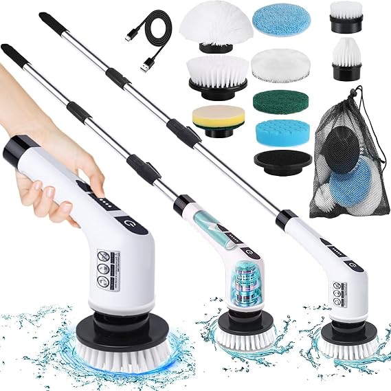 Electric Spin Scrubber,Cordless Cleaning Brush 9-in-1Replaceable Brush Head,2 Rotat Speed,Shower Scrubber with Adjustable Detachable Exten Handle,2025 New Power Cleaning Brush for Kitchen,Bathroom