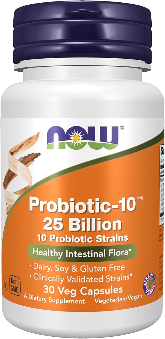 NOW Foods Supplements, Probiotic-10TM, 25 Billion, with 10 Probiotic Strains, Dairy, Soy and Gluten Free, Strain Verified, 30 Veg Capsules