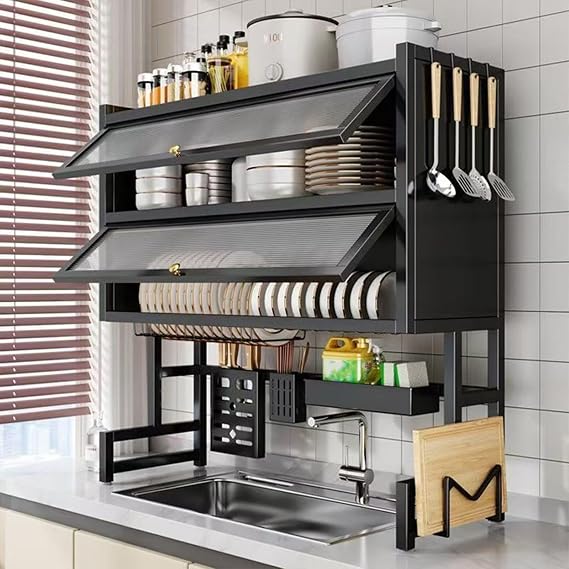 Over The Sink Dish Drainer Drying Rack 4 Tiers with Cover, Keep Kitchen Sink Shlef Organized Space-Saving Dish Drying Rack, Large Drying Rack for Dishes, Glasses, Bowls, Cutlery W-33.5in