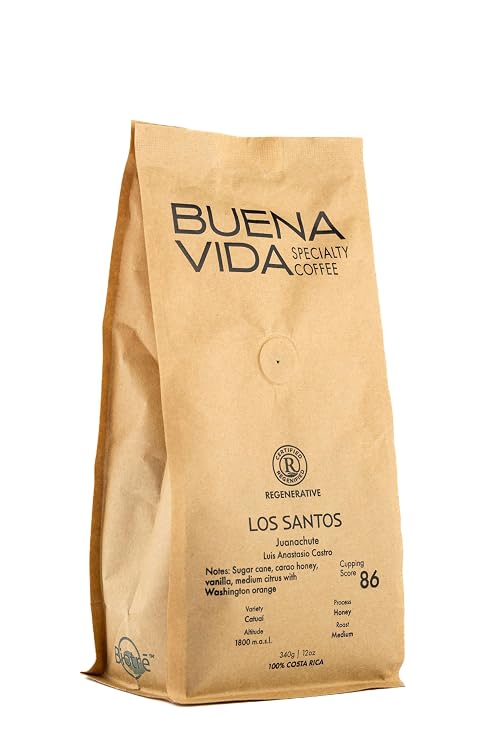 Buena Vida Specialty Coffee - Juanachute Anastacio Castro Honey | 100% Certified Regenerative Costa Rican Coffee | Medium Roast, Caturra Catui Honey | Specialty Grade (86 Score) | Whole Bean | 12 oz