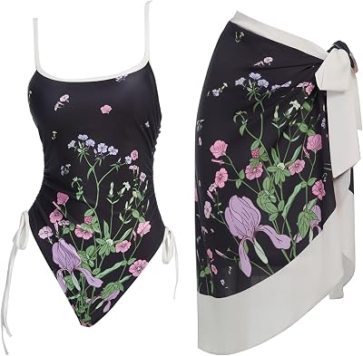 haikyuu Women Vintage One Piece Swimsuits with Cover Up Floral Retro Vacation Bathing Suit Tummy Control