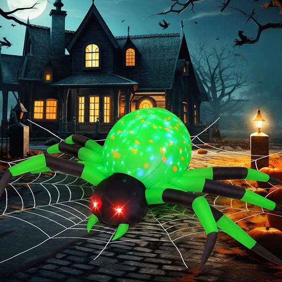 COMIN 9FT Halloween Inflatables Decorations Green Spider Yard LEDs Decor | Built-in LEDs and green scary spider design for Halloween lawn, garden, porch and party displays.