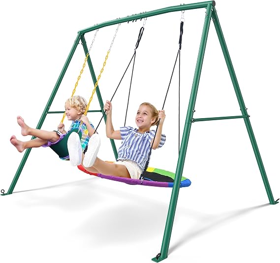 Trekassy 440lbs Swing Sets for Backyard, 2 Seat Saucer & Belt Swing - Green | Dual Swing Options, Heavy Duty A-Frame Metal Stand, Weather-Resistant, Easy Assembly, Outdoor Playset for Kids Family Fun