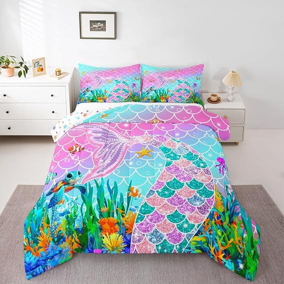 Feelyou Mermaid Bedding Set Soft for Boys Girls, Ocean Fish Scales Comforter Set Twin Size Nautical Sea Animal Duvet Quilt Microfiber Rainbow Bedroom Decor Underwater Theme 2 Pcs with 1 Pillow Cases